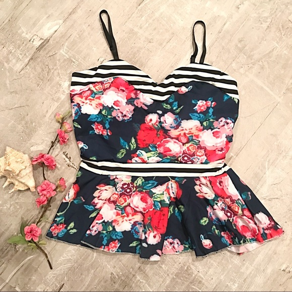 Peplum 2 Piece Swimsuit Flower Striped Tankini - Picture 4 of 8